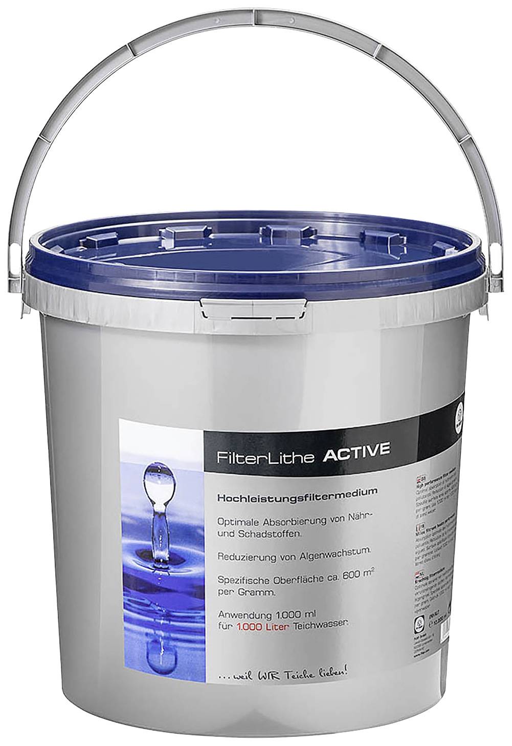 Eimer mit Filtermedium 'FilterLithe Active', blaue Abdeckung. Zur Wasserfiltration. Reduziert Algenwachstum, Oberfläche 600 m²/g.