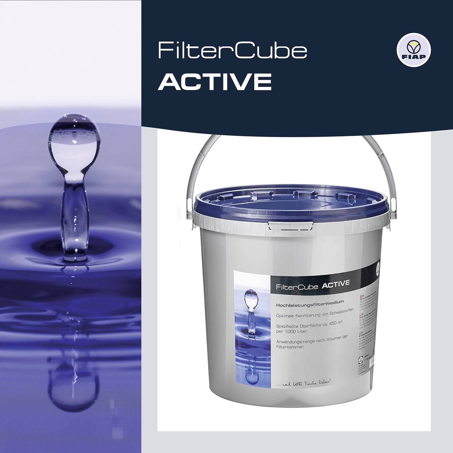 Ein Eimer FilterCube Active mit blauem Deckel. Neben dem Eimer zeigt ein Bild einen Wassertropfen, der auf eine Wasseroberfläche trifft.