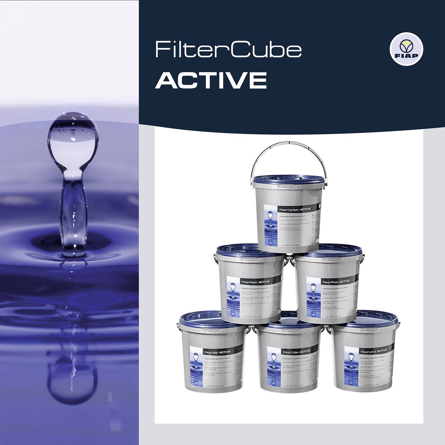 'FilterCube ACTIVE' Produktverpackung mit sechs gestapelten Eimern auf der rechten Seite, links ein Bild von fallendem Wassertropfen.
