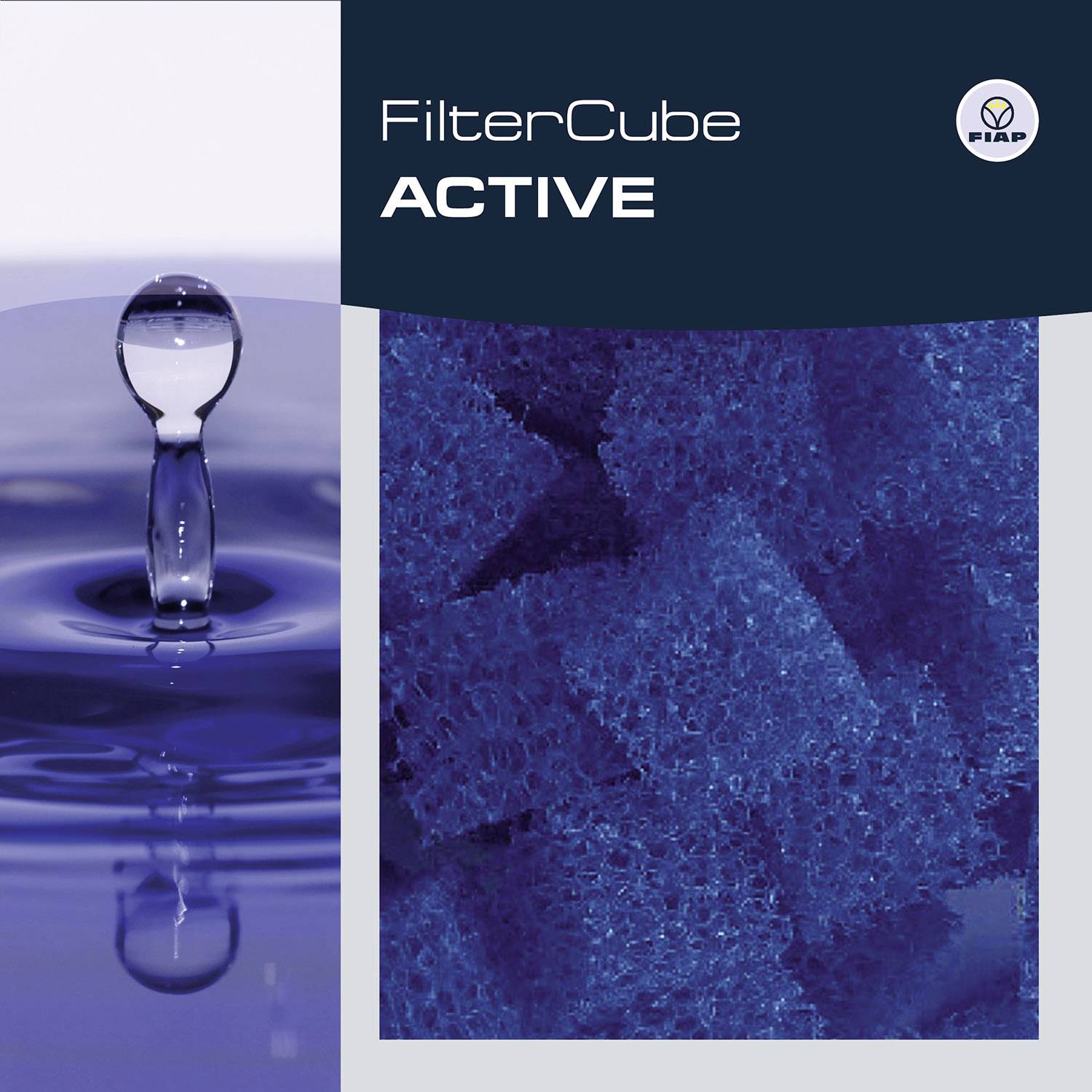 'FilterCube ACTIVE' Werbung, zeigt links einen blauen Wassertropfen und rechts eine Struktur aus blauen Filtern unter Wasser.