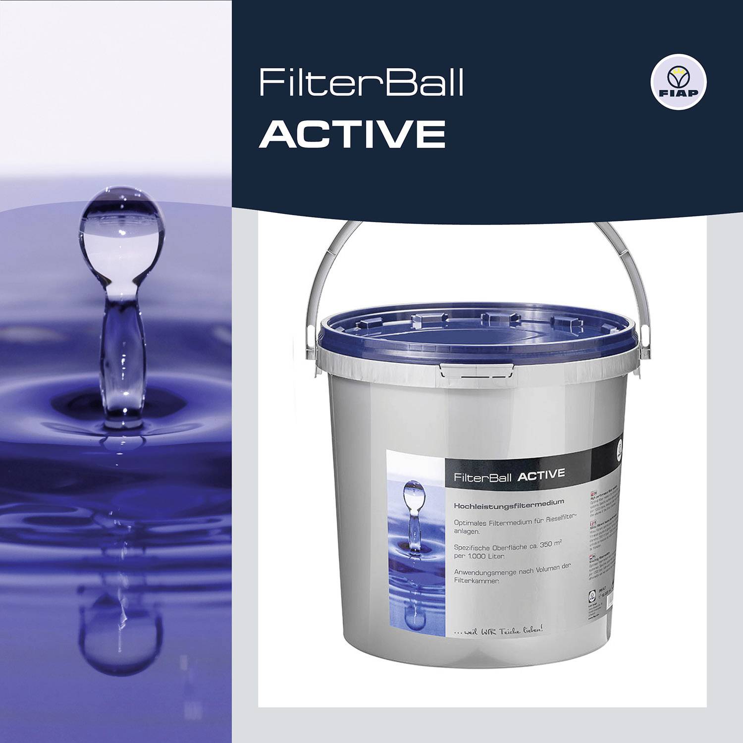 Ein Eimer mit der Aufschrift 'FilterBall ACTIVE', daneben ein Bild eines Wassertropfens. Produkt zur Filterung von Wasser in Pools.