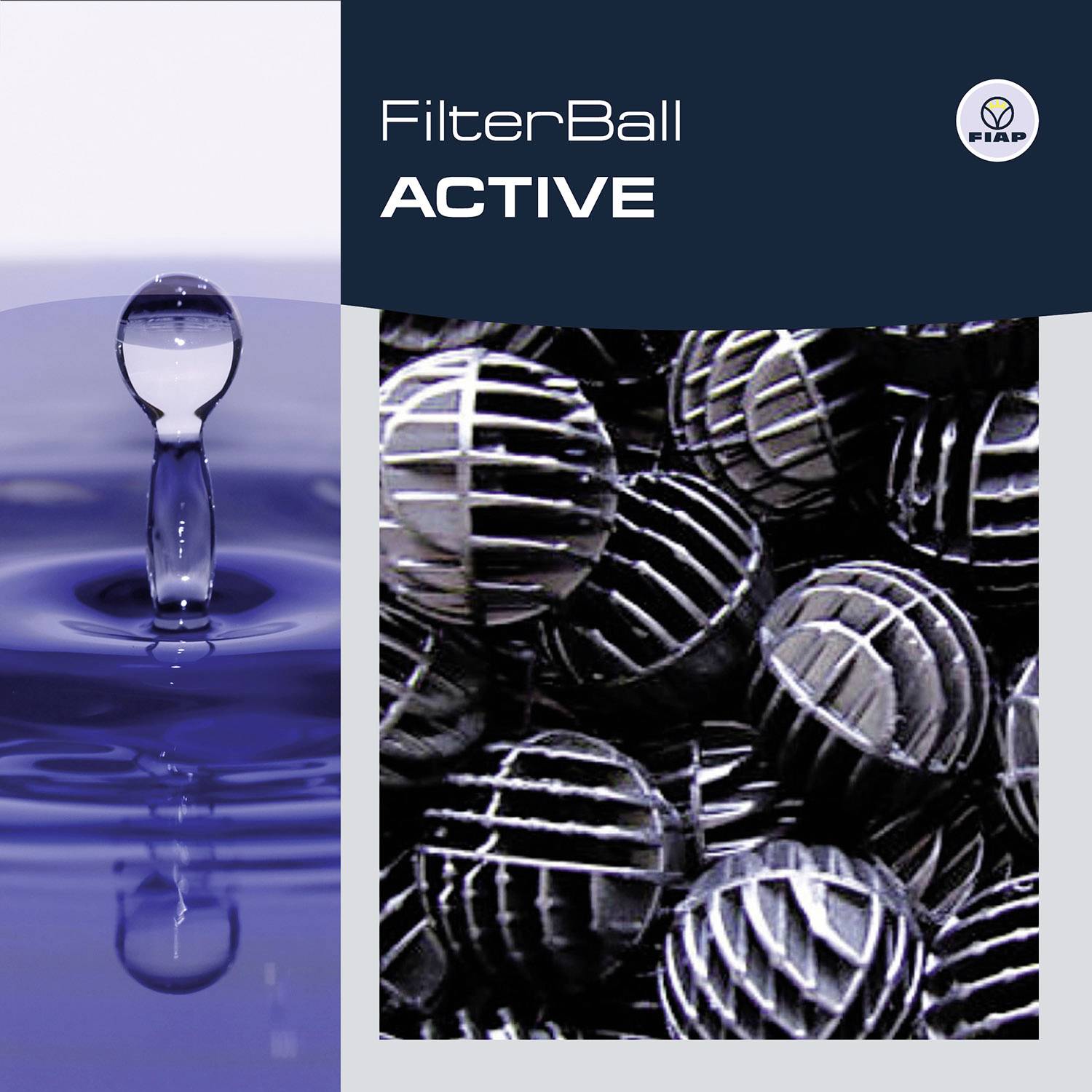 'FilterBall ACTIVE' mit Flockenkugelabbildung und Wasser, Markenlogo oben rechts. Hauptnutzung: Wasserreinigungstechnologie.