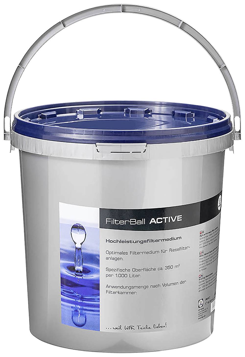 Ein grauer Eimer mit blauem Deckel, beschriftet mit 'FilterBall ACTIVE', enthält Hochleistungsfiltermedium für Poolreinigung.