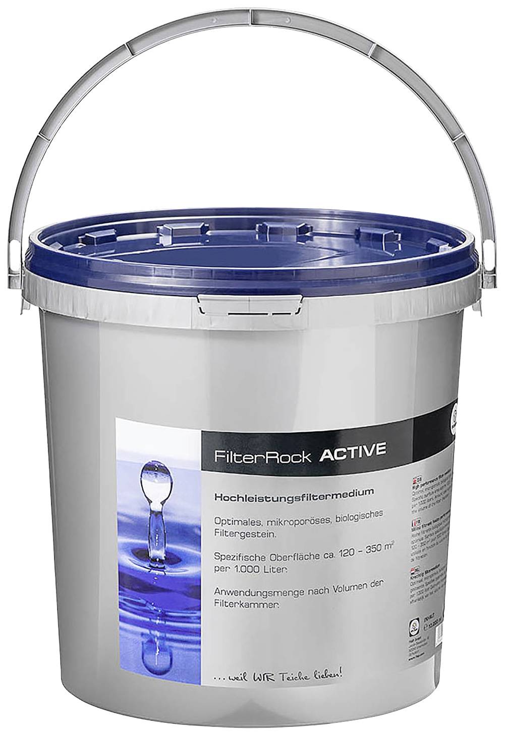 Ein großer Eimer mit blauem Deckel, beschriftet mit 'FilterRock ACTIVE'. Enthält Hochleistungsfiltermedium für biologische Filterung.