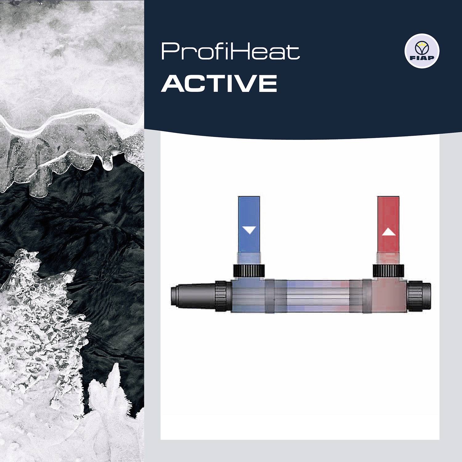 ProfiHeat ACTIVE: Bild zeigt Gerät mit blauer und roter Anzeige, eingebettet im Kontext von Eis und Wasser, symbolisiert Heizungseffekt.