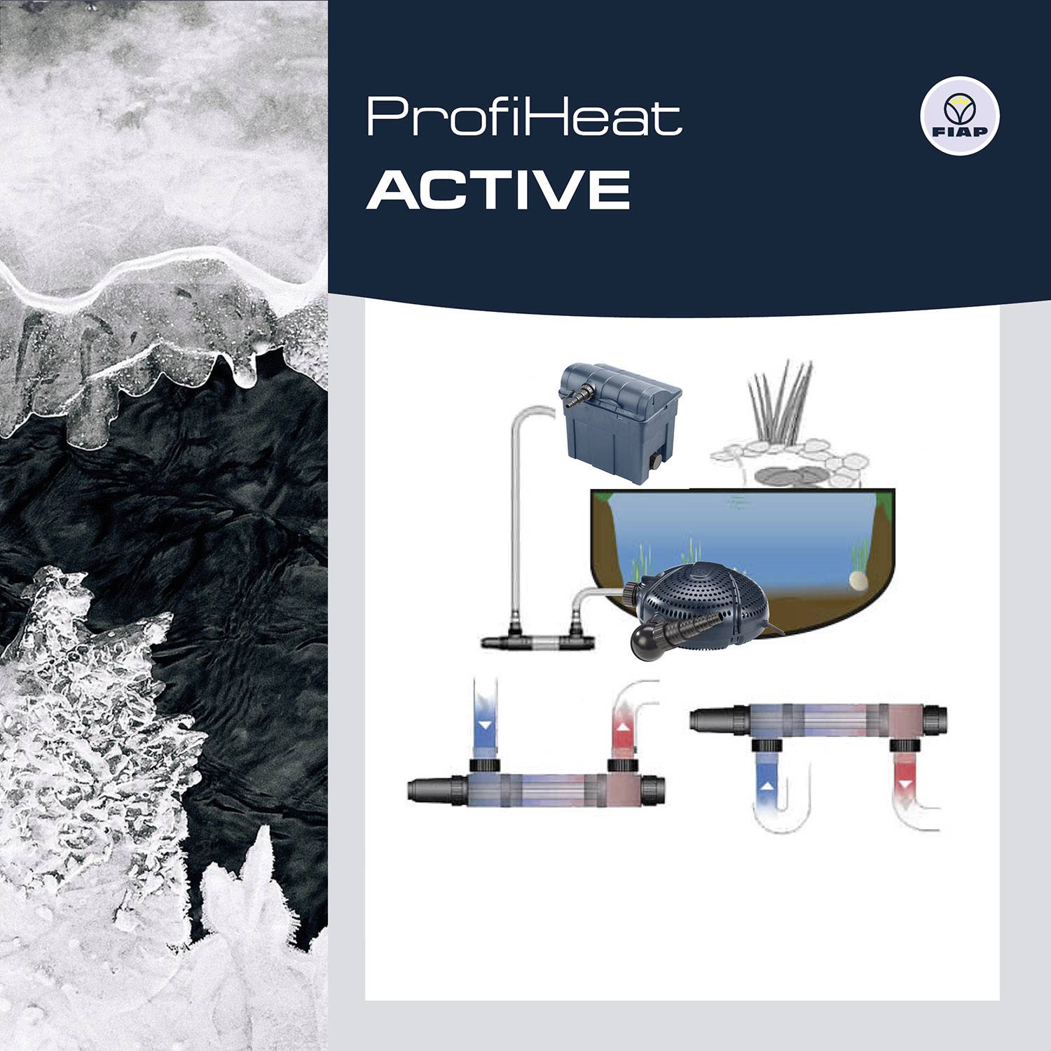 'ProfiHeat ACTIVE' zeigt ein Heizsystem für Teiche mit Pumpen und Heizrohren. Links eisiges Wasser, rechts schematische Illustration.