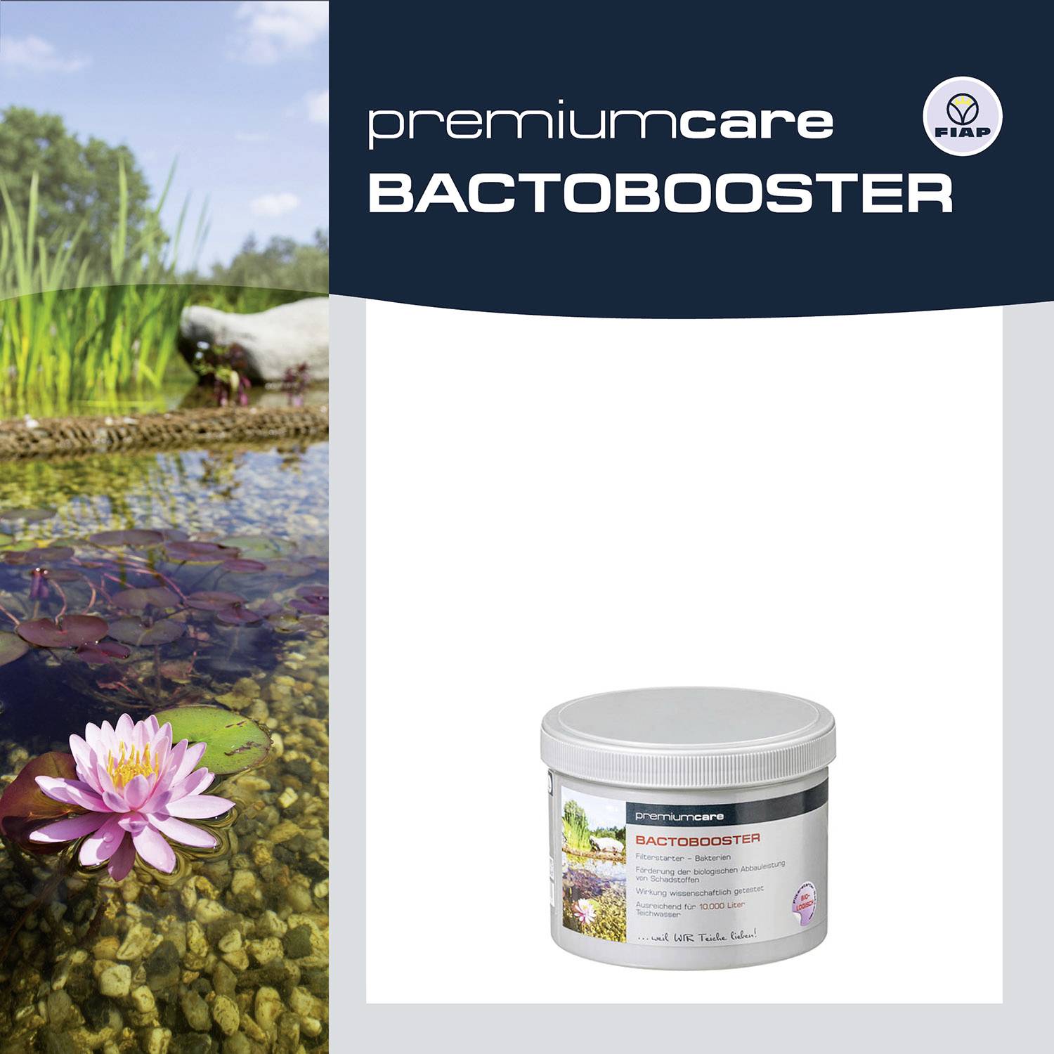 Ein Teich mit blühender Seerose und Steinvögeln. Rechts eine Packung 'premiumcare bactobooster', ein Produkt zur Wasserpflege.