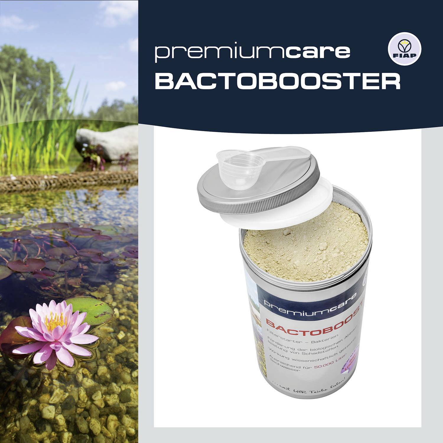 'Dose Premium Care BactoBooster' mit geöffneter Lasche, Pulver sichtbar. Im Hintergrund ein Teich mit Blumen und Steinen.