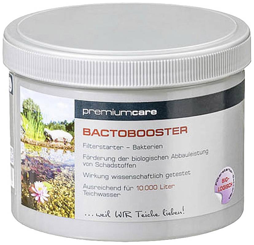 Runde Dose 'Bactobooster' für Teichpflege, enthält Bakterien zur Schadstoffreduzierung im Wasser, ausreichend für 10.000 Liter.