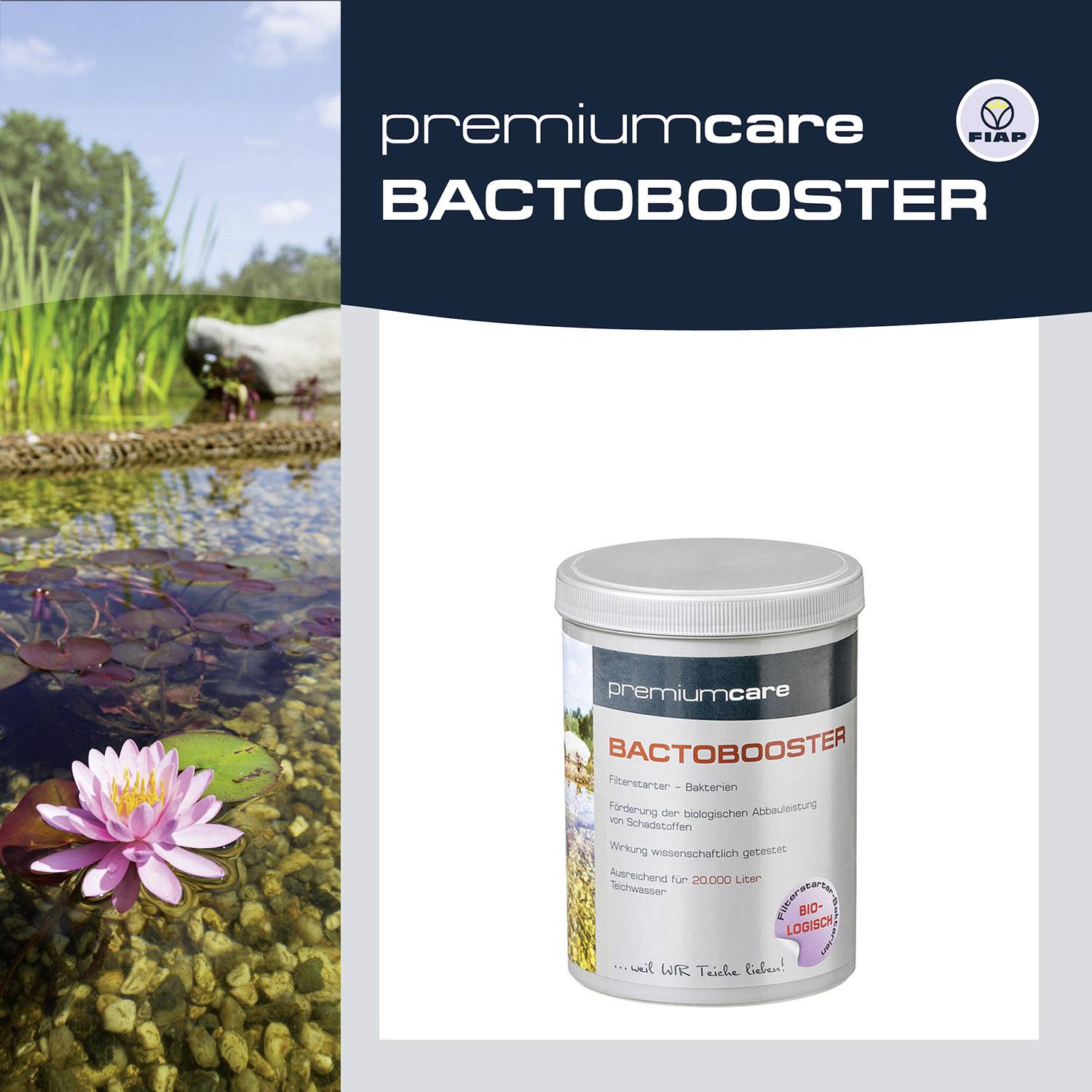Titel: Premium Care BactoBooster. Produkt zur Wasserreinhaltung. Behälter neben Teich mit Seerose und Kiefernholzmaserung.