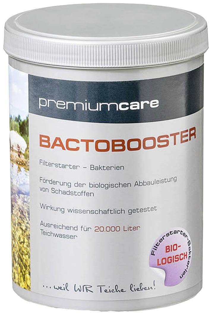 Dose eines Filterstarters für Teichwasser mit der Aufschrift 'BACTOBOOSTER'. Fördert biologischen Schadstoffabbau für 20.000 Liter.