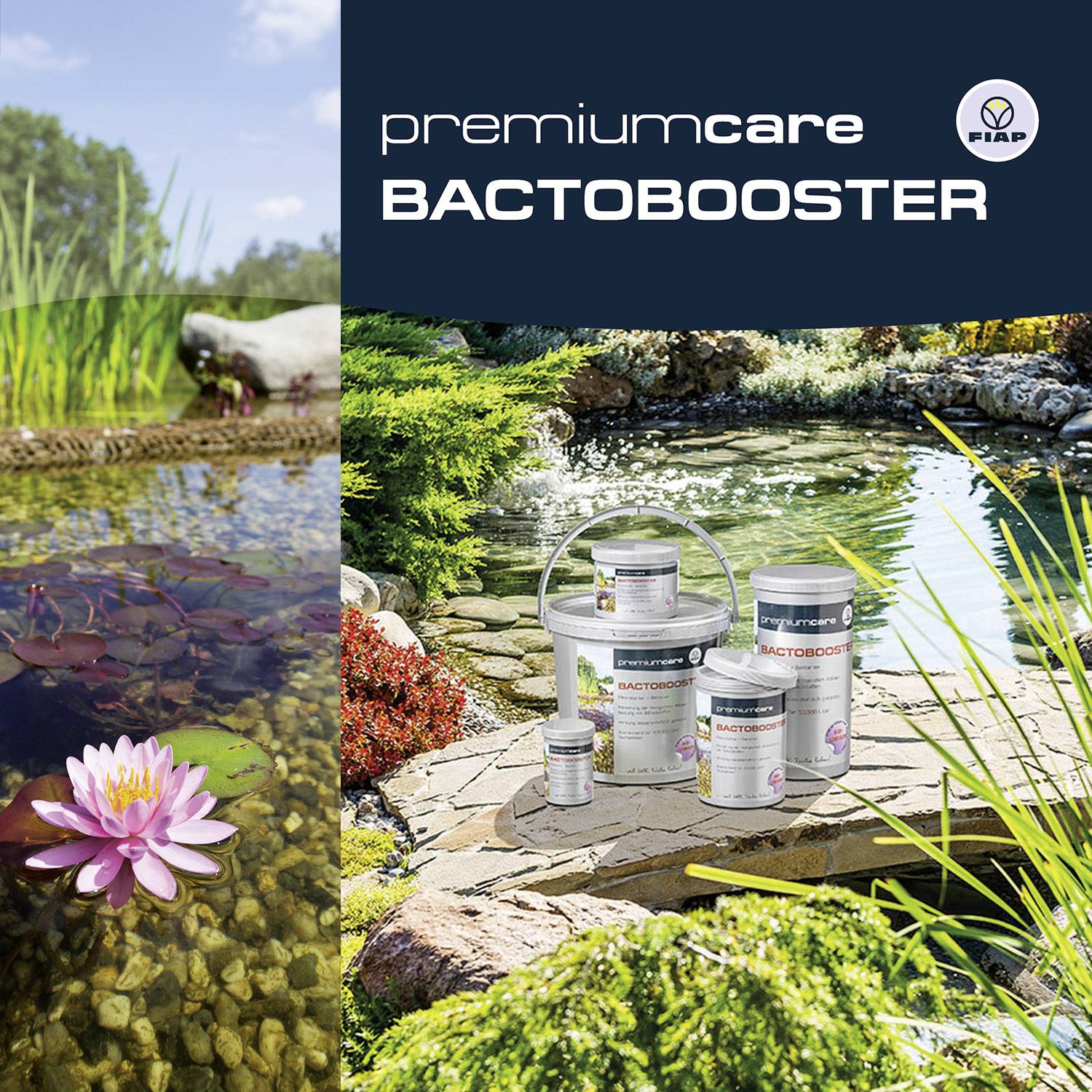 Ein Teich mit Pflanzen, Seerosen und einer kleinen Steinplattform, auf der mehrere 'PremiumCare Bactobooster'-Produkte stehen.