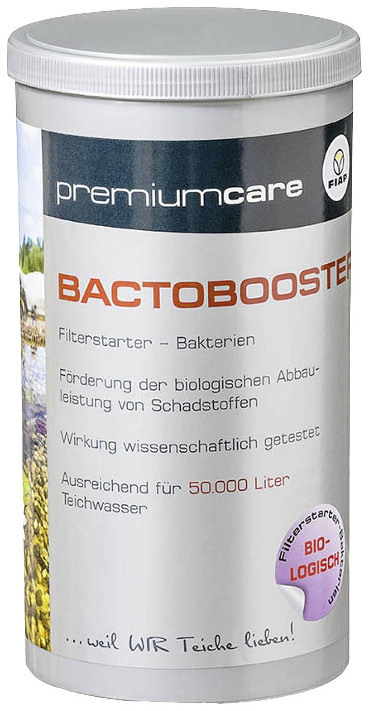 Dose mit Aufschrift 'Bactobooster'. Enthält Hinweise zur biologischen Wasserreinigung und ist für 50.000 Liter Teichwasser geeignet.