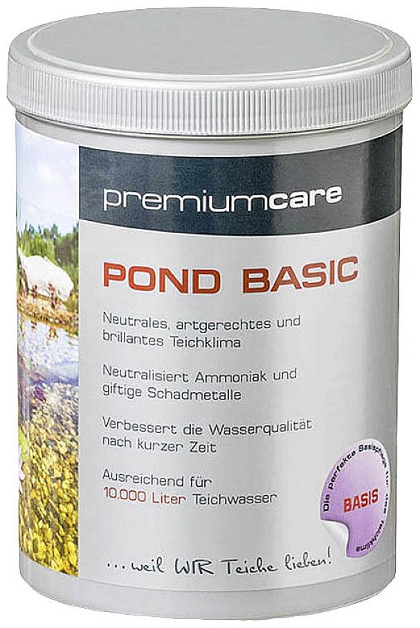 Ein Behälter mit 'premiumcare POND BASIC', beschrieben als wasserneutralisierend und wasserverbessernd, ausreichend für 10.000 Liter Teichwasser.