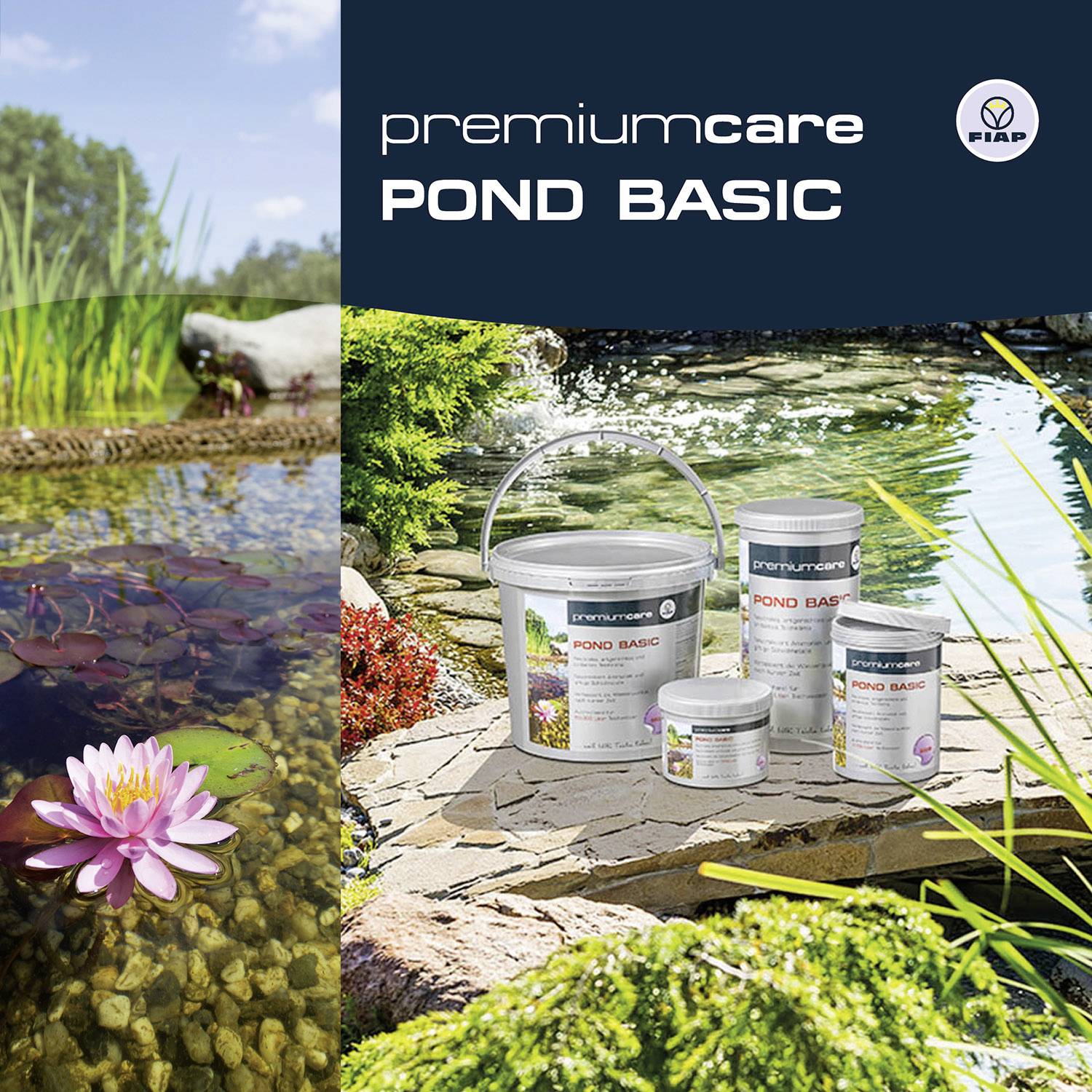 Produkte der Serie 'Pond Basic' zur Pflege von Teichen abgebildet neben einem Teich mit Seerose, umgeben von grüner Vegetation.
