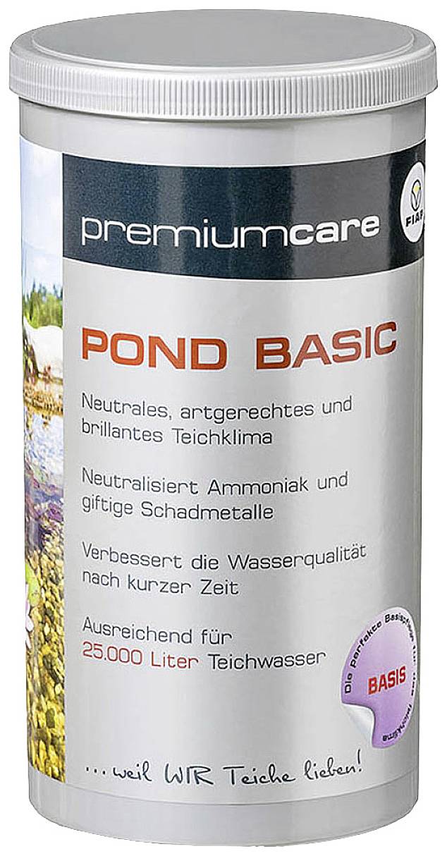 Ein zylindrischer Behälter von 'premium care Pond Basic', das Teichwasser verbessert, Schadstoffe neutralisiert und für 25.000 Liter Teichwasser reicht.