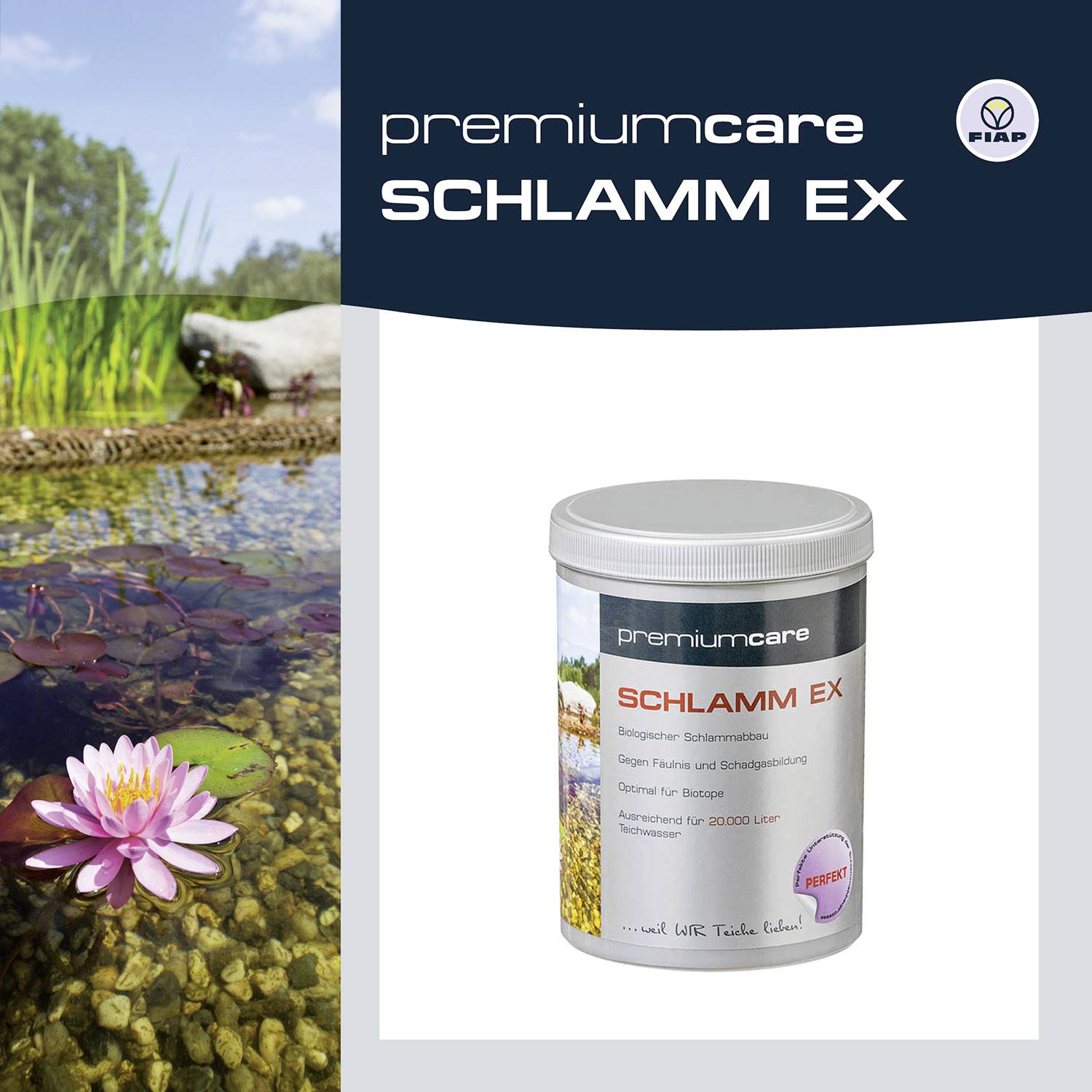 Eine Dose 'premiumcare SCHLAMM EX' mit Teich im Hintergrund. Produkt zur Reinigung von Teichen, betont biologische Abbaubarkeit.