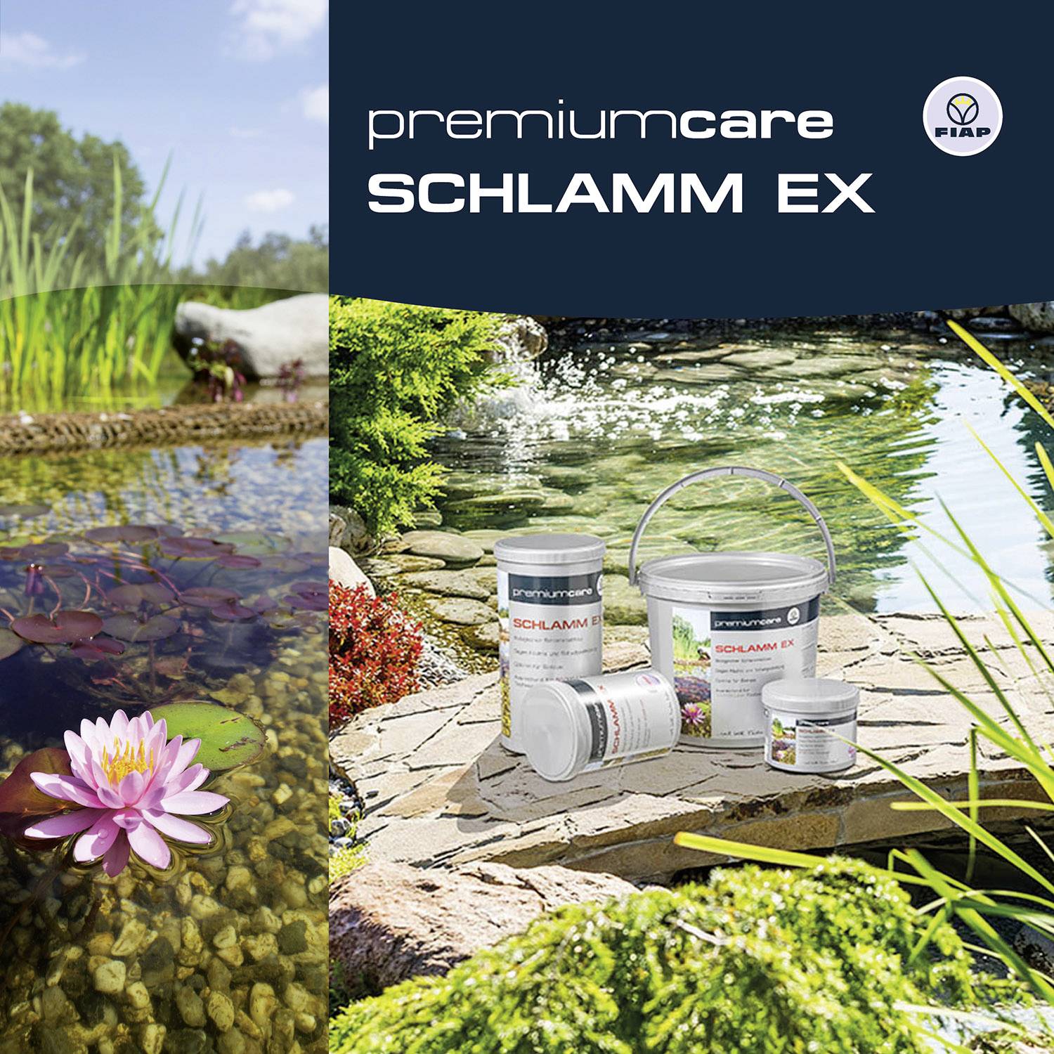 Produkte der Marke FIAP, genannt 'Schlamm EX', stehen am Rand eines Teichs mit Seerosen; Umgebung betont Natürlichkeit.
