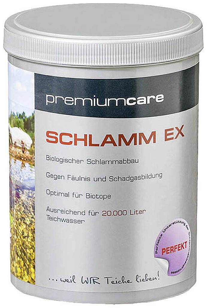 Behälter mit 'SCHLAMM EX', einem biologischen Produkt zur Verbesserung von Teichwasserqualität; ausreichend für 20.000 Liter Wasser.