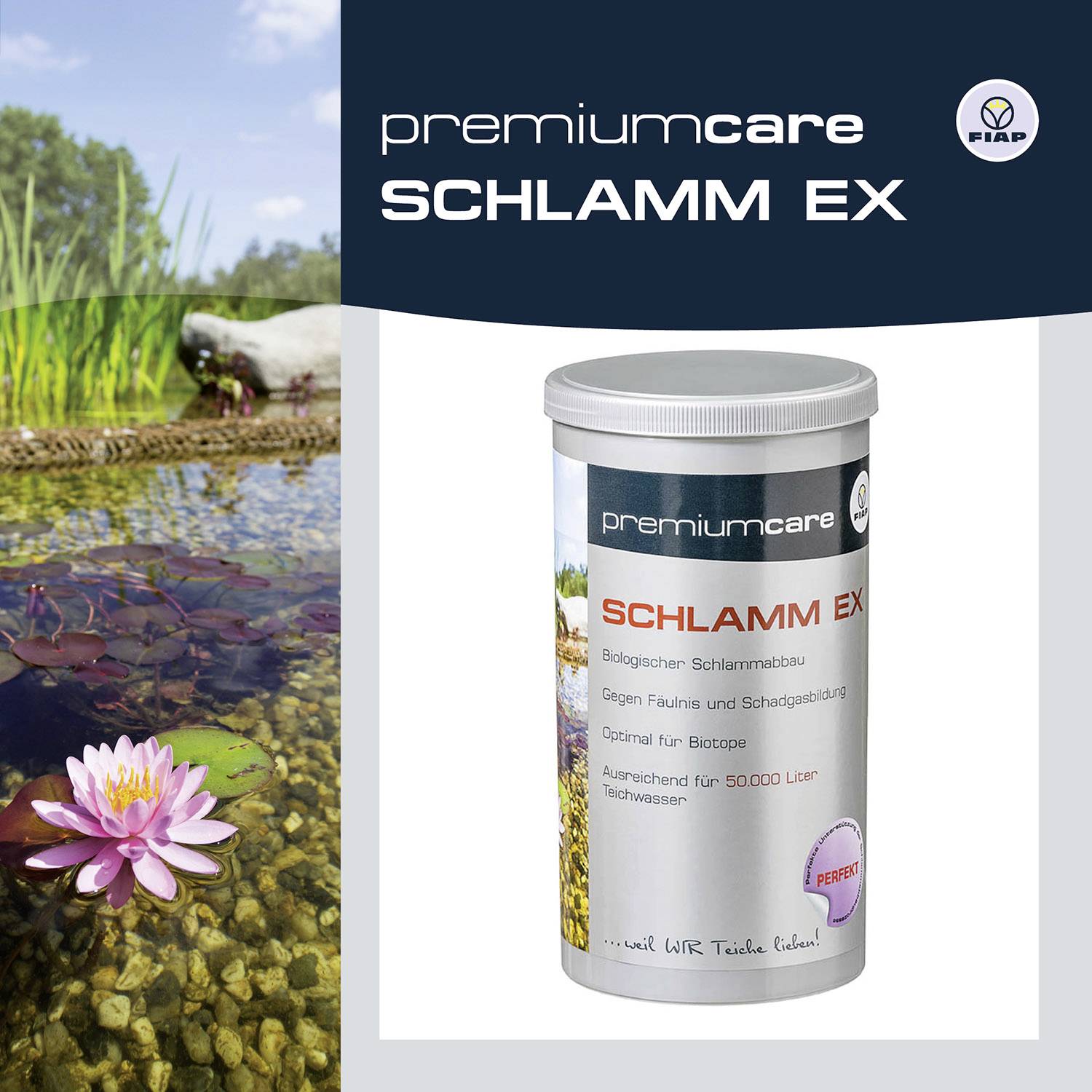 Produktverpackung von Premiumcare Schlamm Ex zur Reinigung von Teichen.