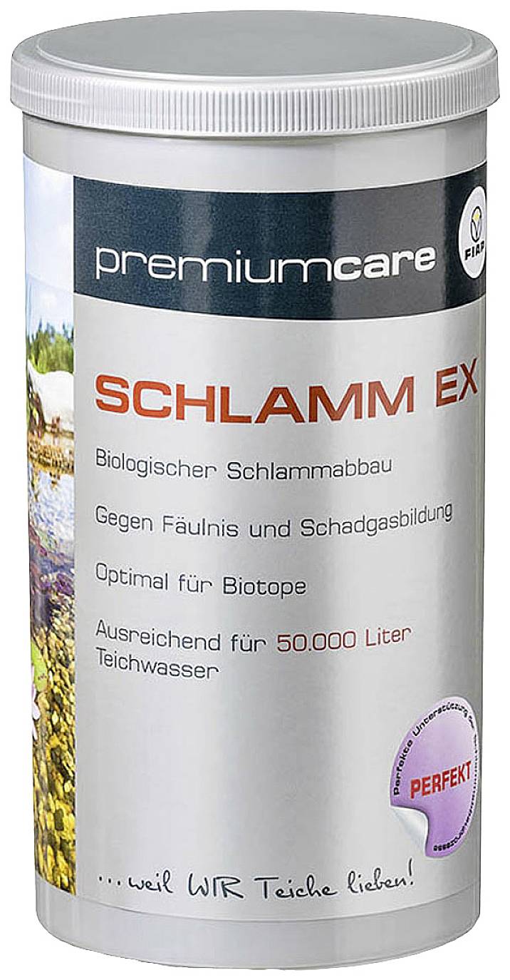 Dose mit der Aufschrift 'Schlamm Ex', Mittel zur biologischen Schlammreduktion in Teichen, ausreichend für 50.000 Liter Wasser.