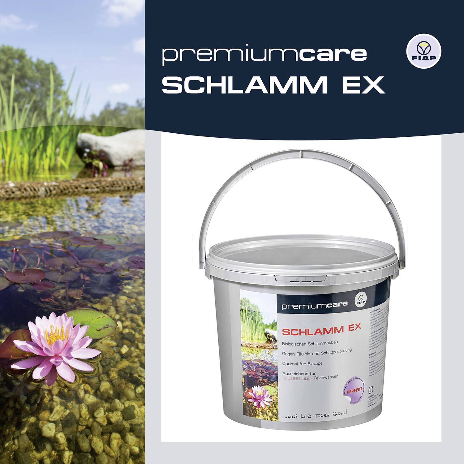 Ein Eimer mit der Aufschrift 'Schlamm Ex' steht vor einem Teich. Das Produkt ist zur Entfernung von Schlamm aus dem Wasser gedacht.