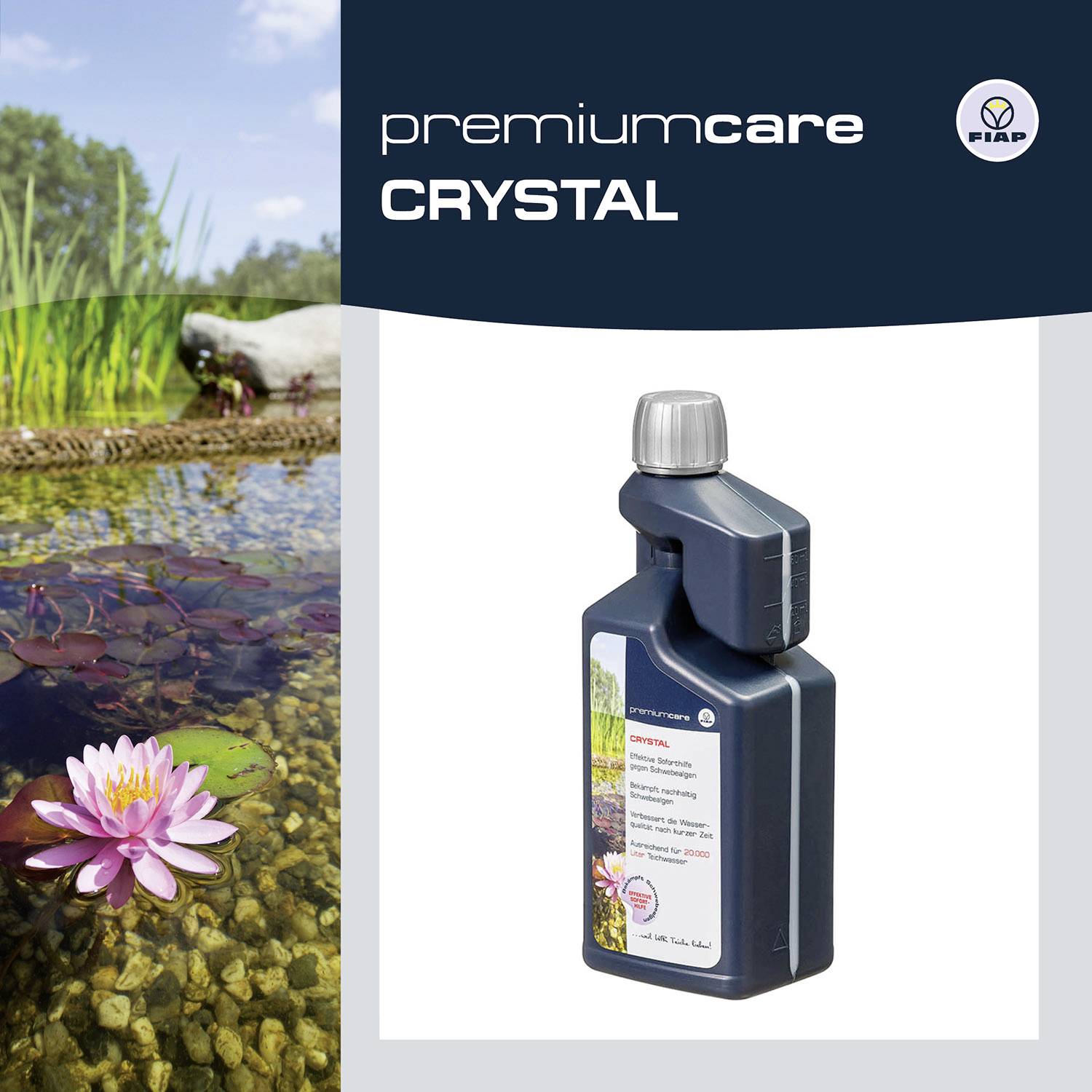 Eine Flasche mit der Aufschrift 'Premium Care Crystal' steht neben einem Teich mit Seerosen. Hintergrund zeigt eine natürliche Landschaft.
