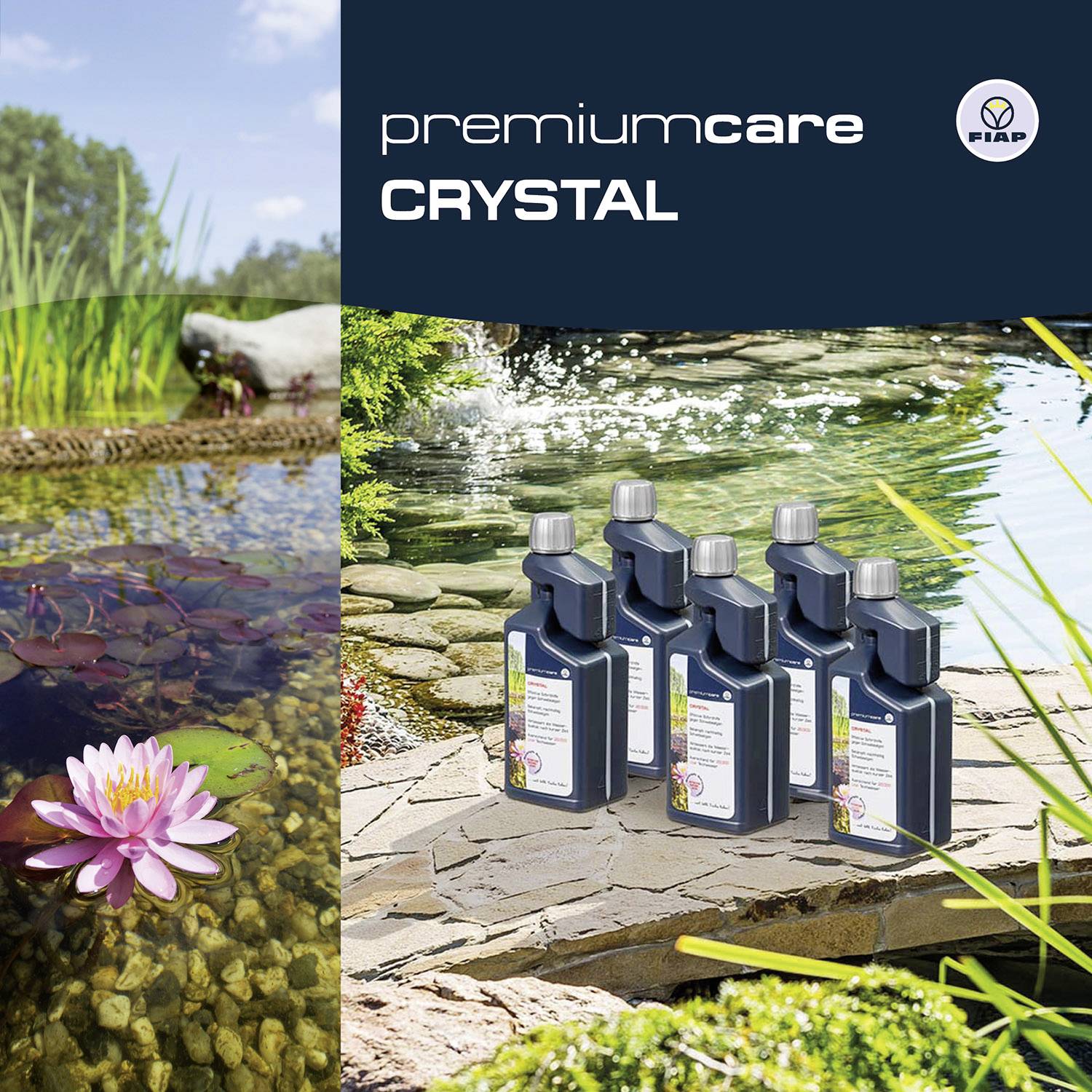 Premiumcare Crystal Teichpflegemittel mit sechs Flaschen vor einem Gartenteich mit Seerosen und Wasserfall.