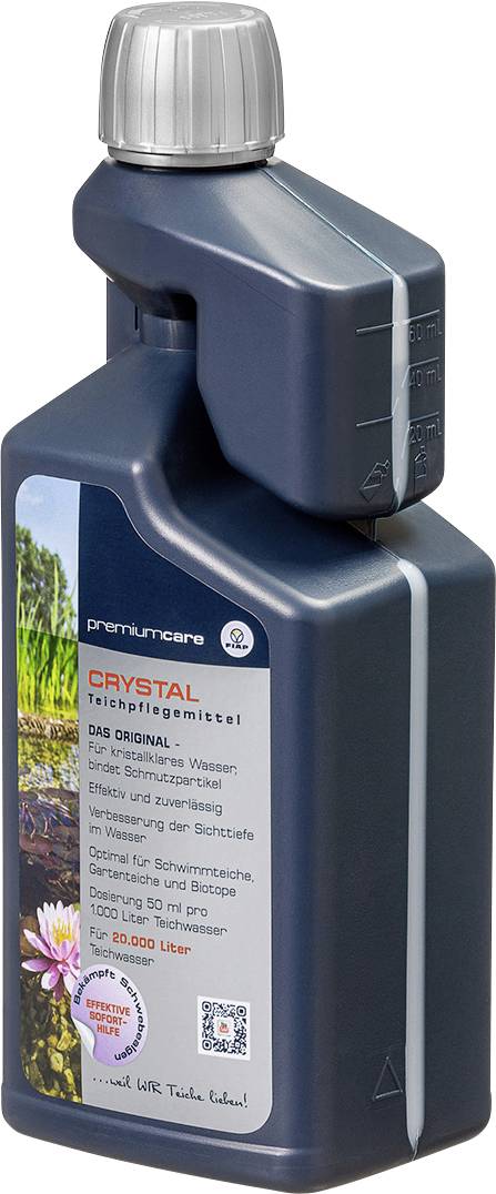 Dunkelblaue Kunststoffflasche mit silbernem Deckel mit der Aufschrift „CRYSTAL