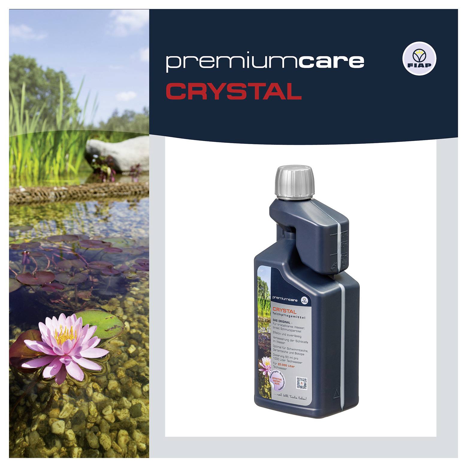 PremiumCare Kristall-Wasserpflegeprodukt in einer Flasche neben einem Teich mit Seerosen, das Produkt zur Teichpflege zeigt.