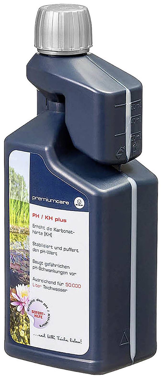 Dunkle Plastikflasche mit pH-/KH-Plus-Aufdruck. Inhalt stabilisiert und puffert den pH-Wert, ausreichend für 50.000 Liter Teichwasser.