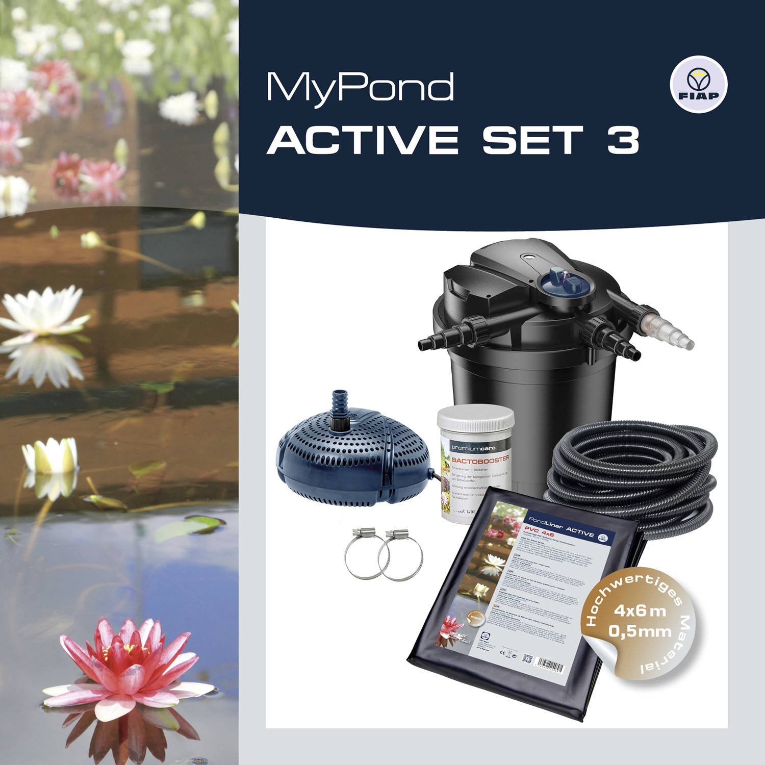 'MyPond ACTIVE SET 3' Teich-Zubehörset inklusive Filter, Pumpe, Schläuche. Hintergrundbild: Seerosen im Wasser. Fiap-Logo oben rechts.