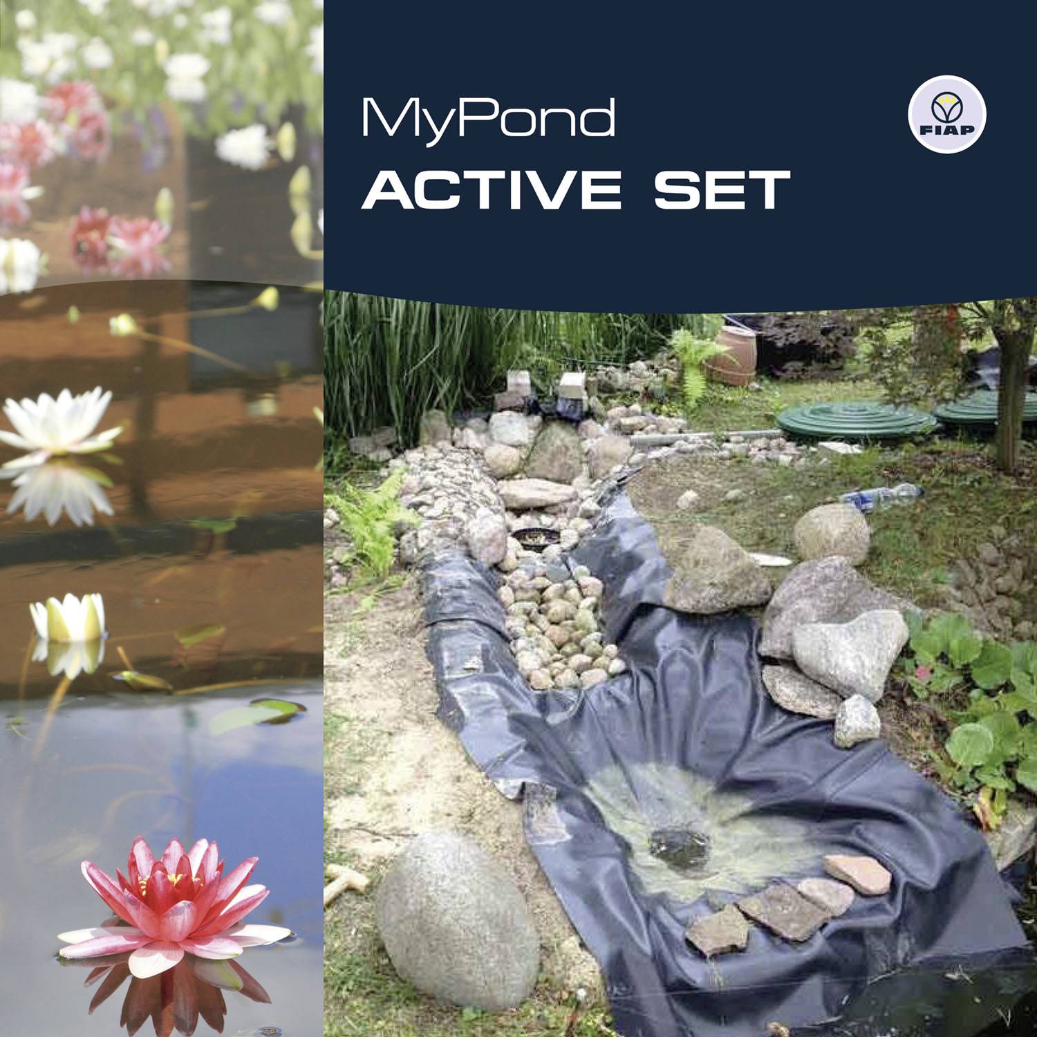 'MyPond ACTIVE SET' Produktbild. Links sind weiße und rote Seerosen auf einem Teich. Rechts zeigt das Bild einen angelegten Teich mit Steinen.