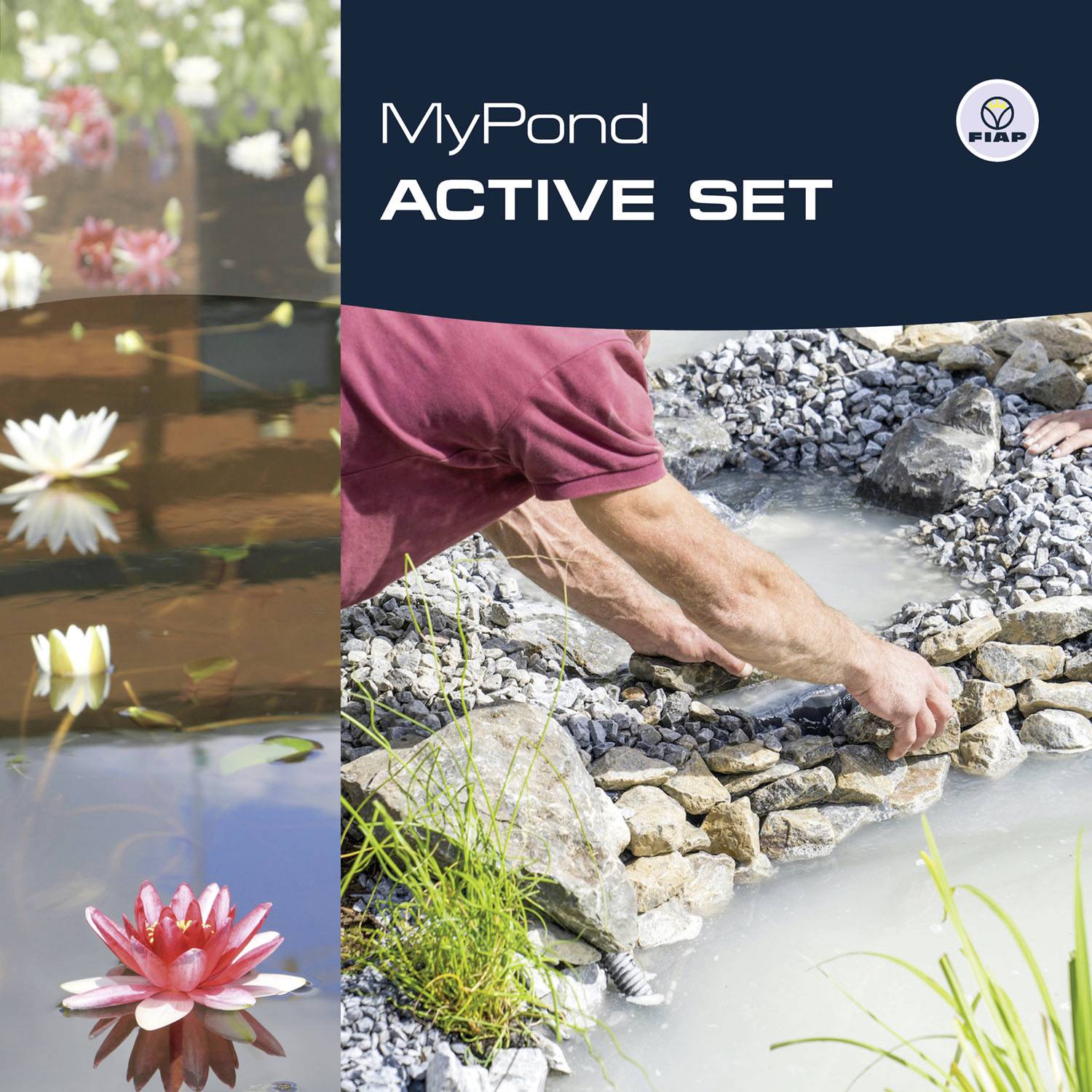 Ein Mann arrondiert Steine neben einem Teich mit blühenden Seerosen auf schimmerndem Wasser. Text 'MyPond ACTIVE SET'.