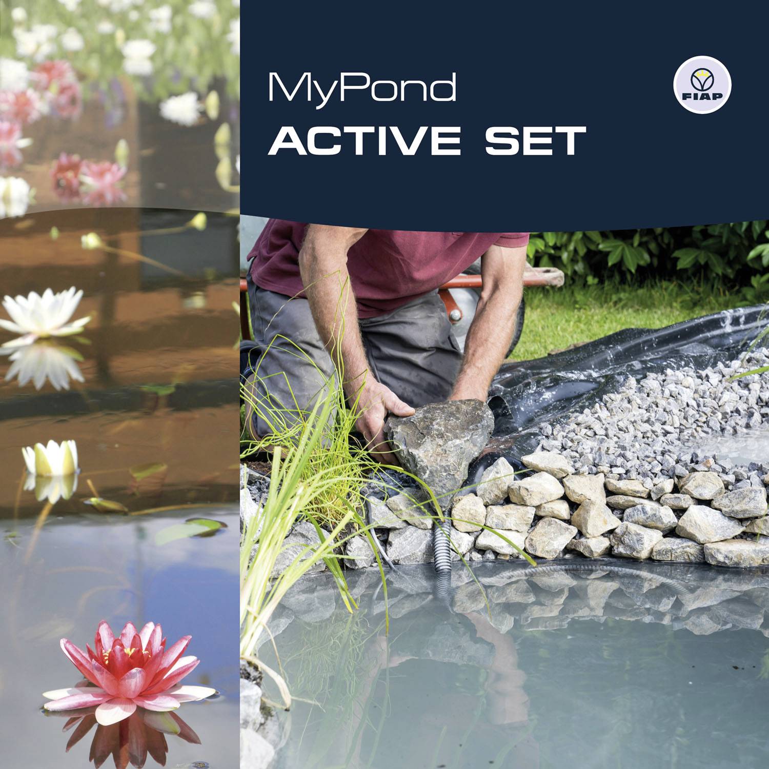Ein Mensch legt einen Stein neben einen Teich. Auf der Wasseroberfläche schwimmen Seerosen. Text im Bild: 'MyPond ACTIVE SET'.