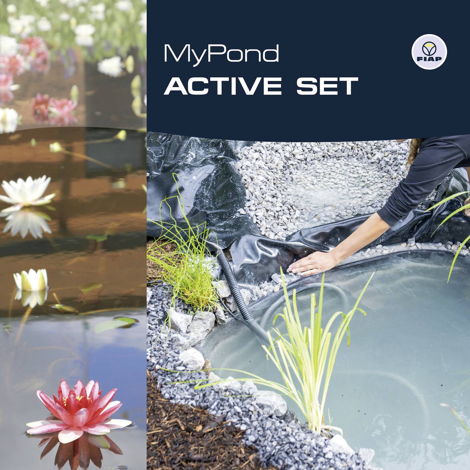 'MyPond ACTIVE SET'-Werbung mit Seerosen auf Wasser und einem kleinen Gartenteich, umrahmt von Steinen und Pflanzen.