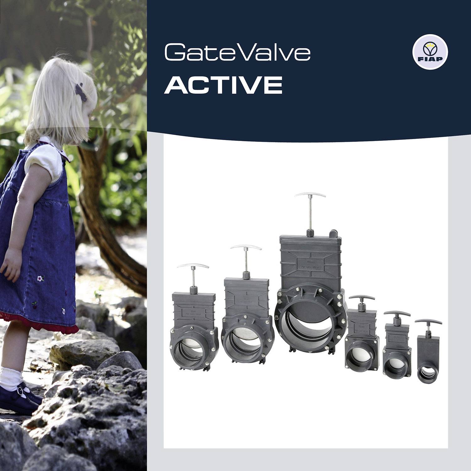 'GateValve ACTIVE' Titelbild zeigt sechs unterschiedlich große Industrieschieberventile. Mädchen in Freizeitkleidung im Hintergrund.