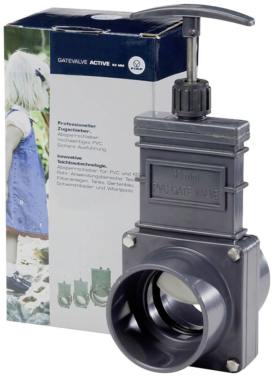 'PVC-Gate Valve 83 mm' in Verpackung. Produktfoto zeigt Ventil mit Handkurbel vor Karton, darauf Kind im Garten. Hebel zur Steuerung von Wasserfluss. Geeignet für Schwimmbäder und Whirlpools.