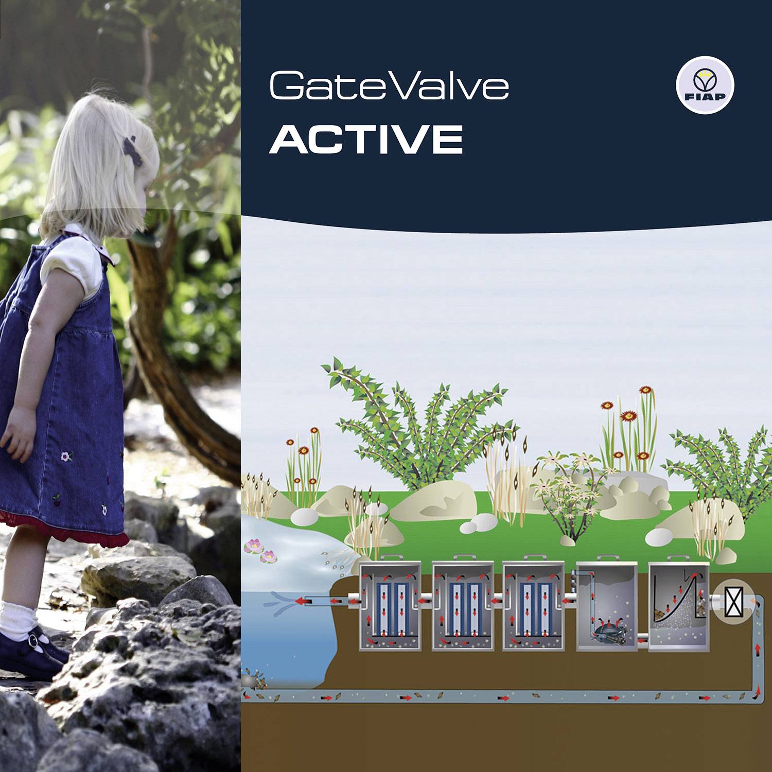 Ein kleines Mädchen steht draußen auf Steinen. Rechts im Bild eine Illustration mit Pflanzen, die ein 'Gate Valve Active'-System zeigt.