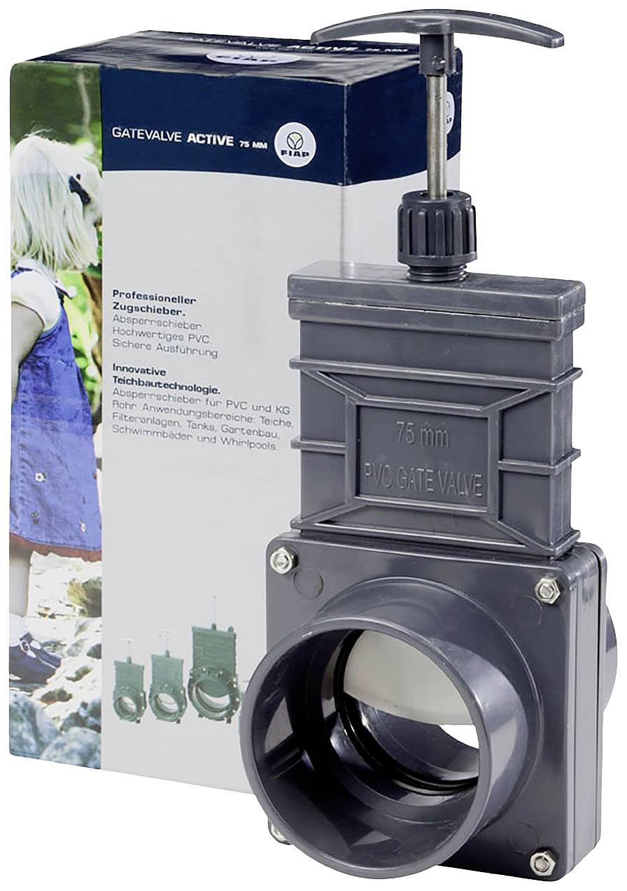 Absperrschieber aus stabilem PVC mit Handgriff, geeignet für Rohre mit 76 mm Durchmesser. Verpackungsabbildung zeigt Produktanwendung.