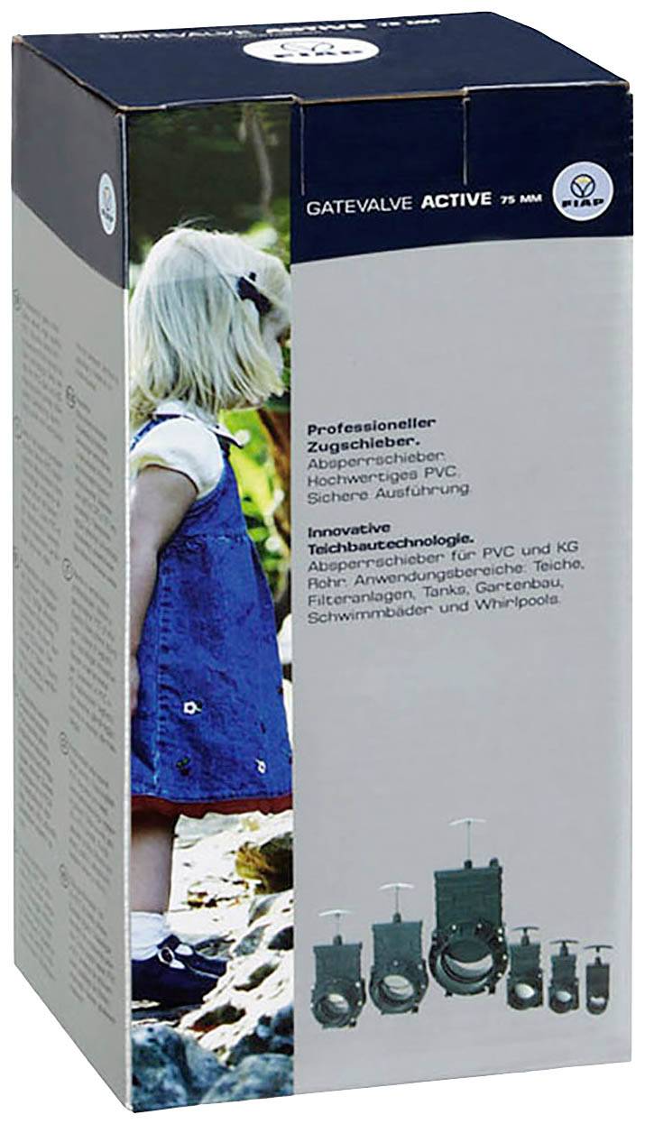 Verpackung eines Zugschiebers mit Bild eines Kindes auf der Vorderseite. Text beschreibt den professionellen Einsatz für Teichbau.