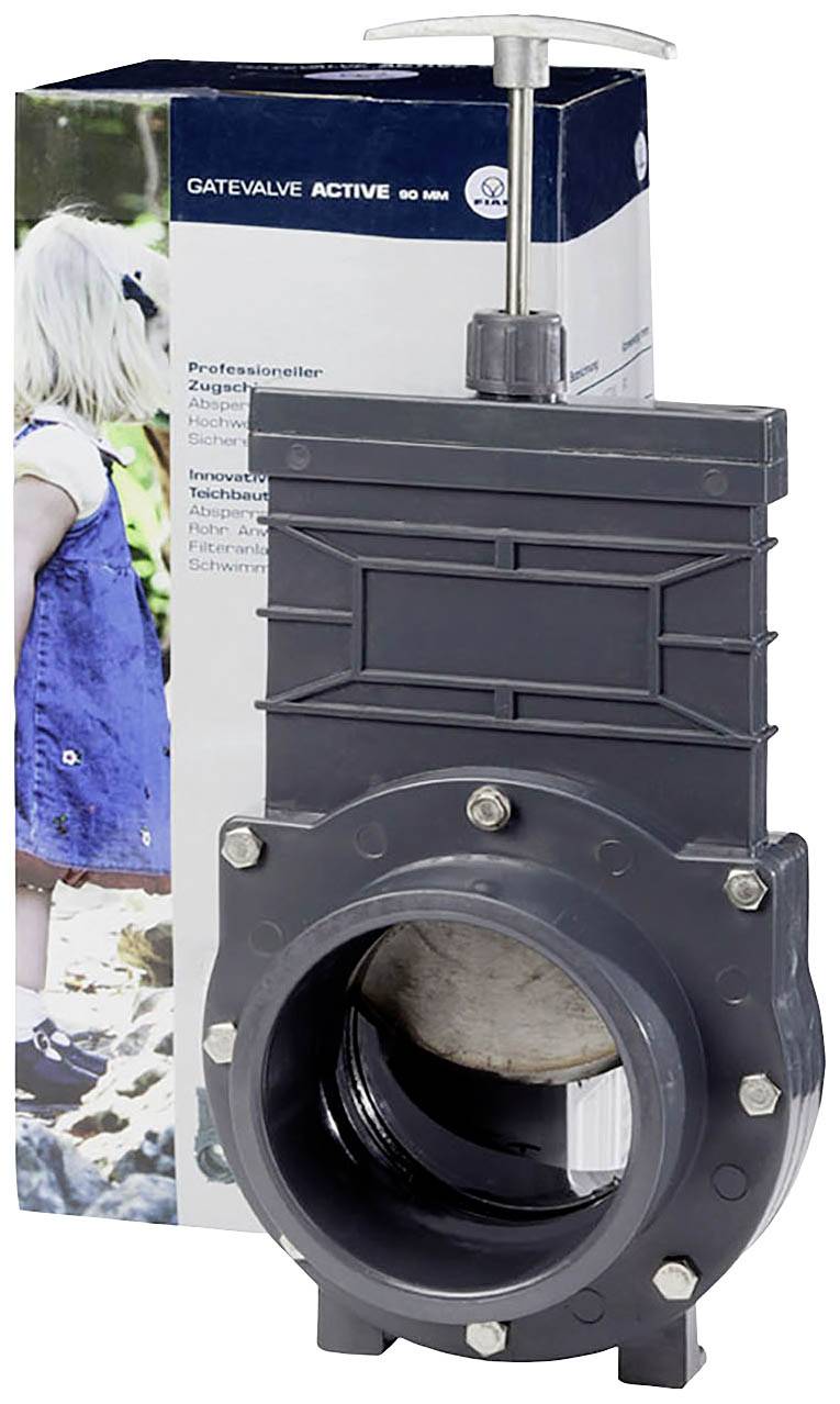 Schwarzes Schieberventil mit Verpackung im Hintergrund. Kasten zeigt teilweise Bild eines Kindes. Vervollständigung von Rohrsystemen.