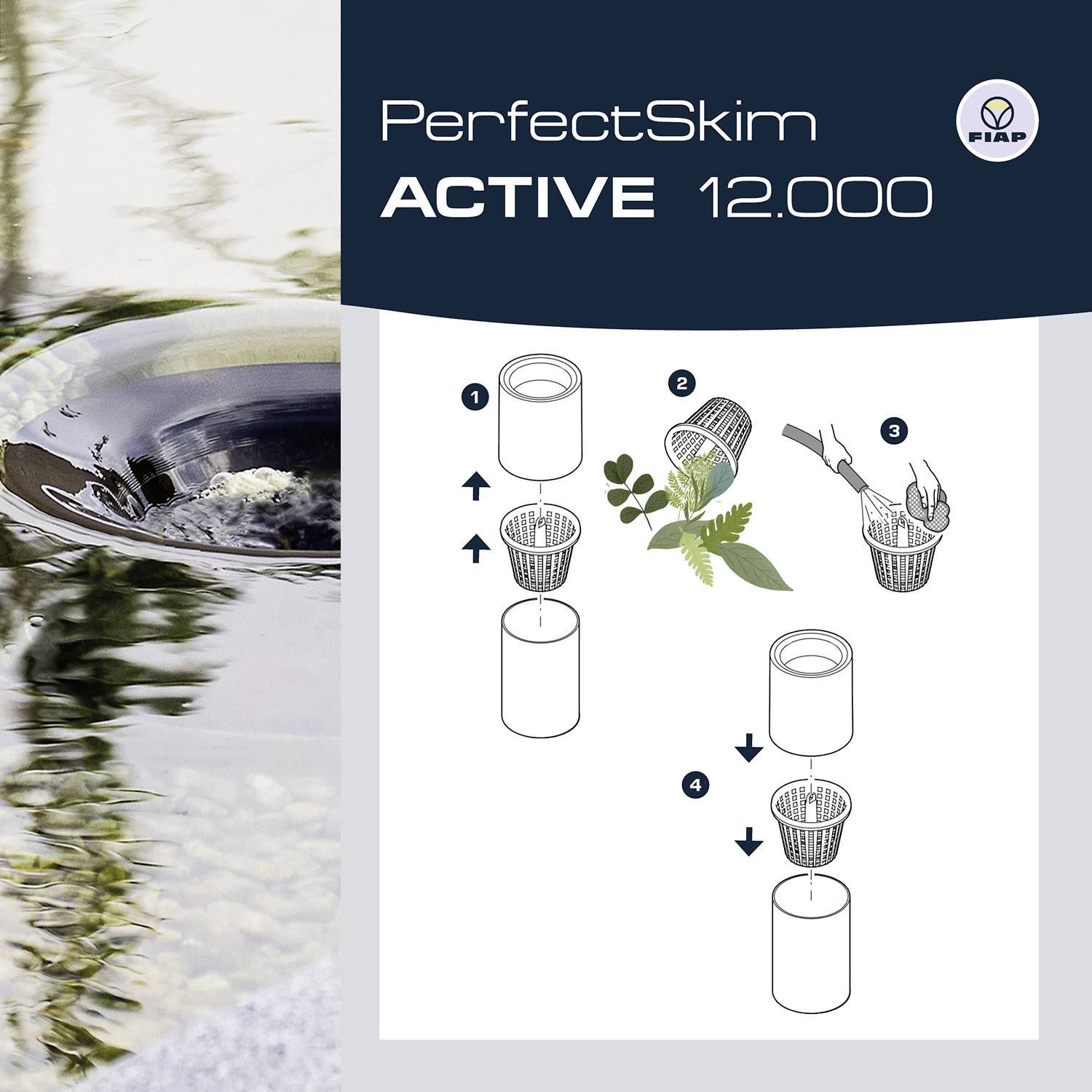 Links: Wasseroberfläche mit Blättern. Rechts: Anleitung zum Wasserfilter 'PerfectSkim ACTIVE 12000' mit vier Schritten.