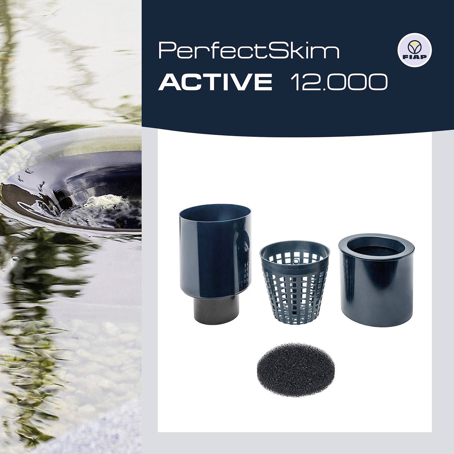 'PerfectSkim ACTIVE 12.000' Teichskimmer-Set mit verschiedenen Komponenten, darunter ein großer Filterkorb und ein Schwamm.