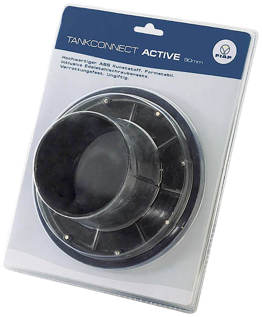 Verpackung eines Tankanschlusses 'TANKCONNECT ACTIVE 90mm', aus Kunststoff mit Edelstahl-Schraubensatz. Markiert als ungiftig und formstabil.