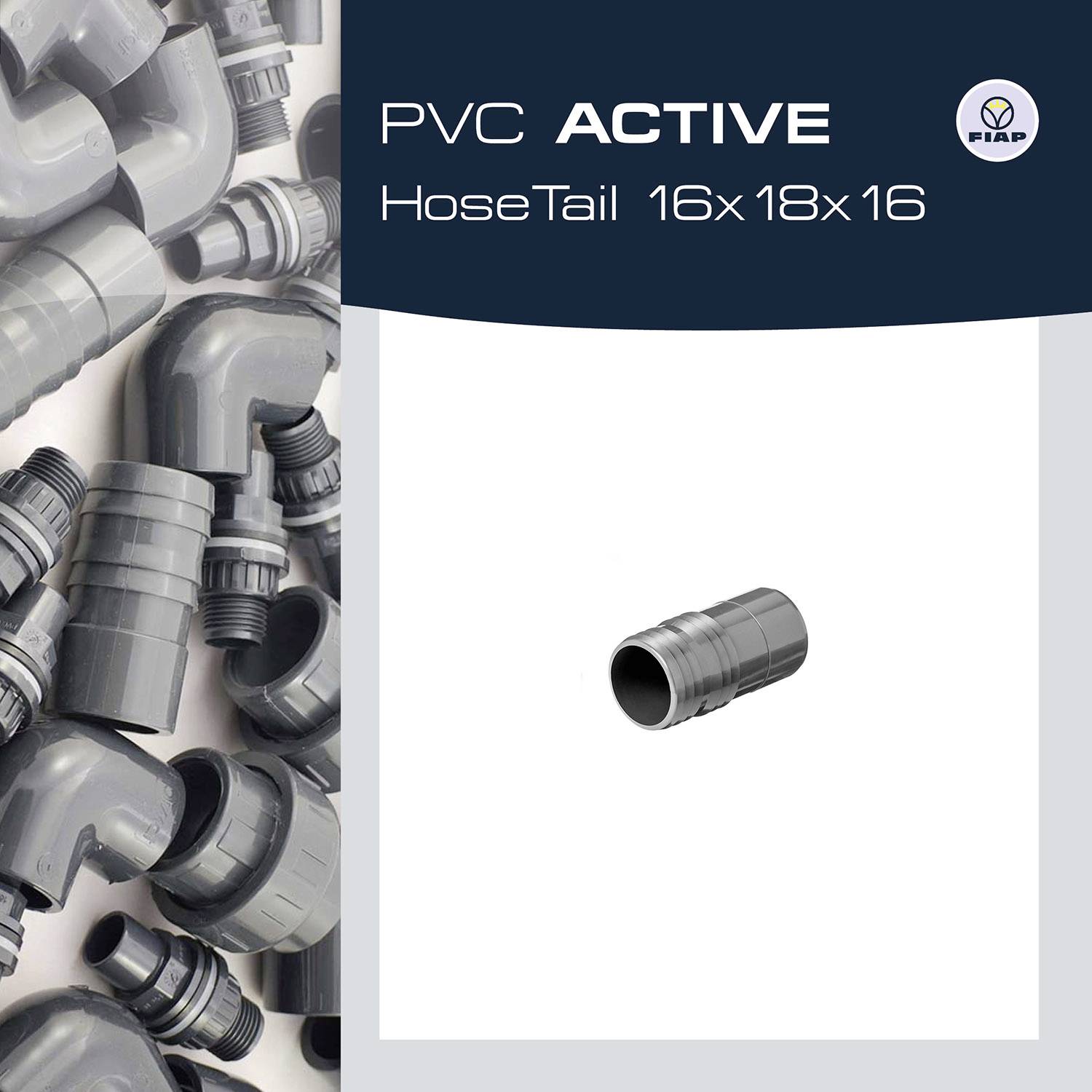 'PVC ACTIVE Hose Tail 16x18x16' im Fokus. Mehrere graue PVC-Anschlüsse im Hintergrund. Logo in der oberen rechten Ecke.