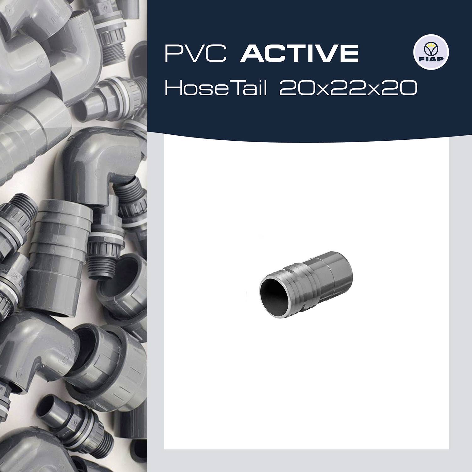 'PVC ACTIVE HoseTail 20x22x20' Beschriftung mit einem Bild von grauen Kunststoff-Rohrverbindern. Veranschaulicht Produktdetails.