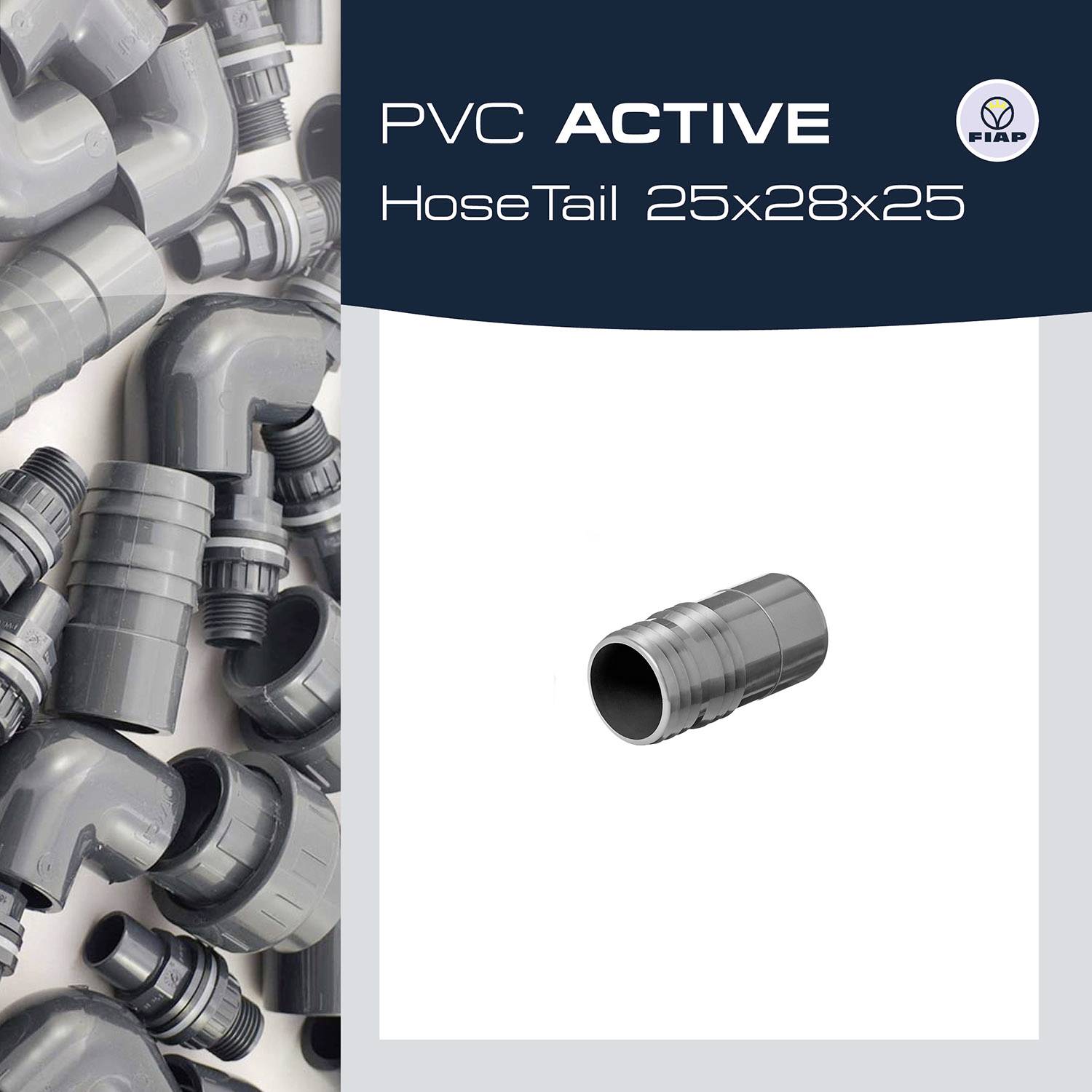 'PVC ACTIVE Schlauchtülle 25x28x25' auf grauem Hintergrund, umgeben von verschiedenen Anschlussteilen aus grauem Kunststoff.