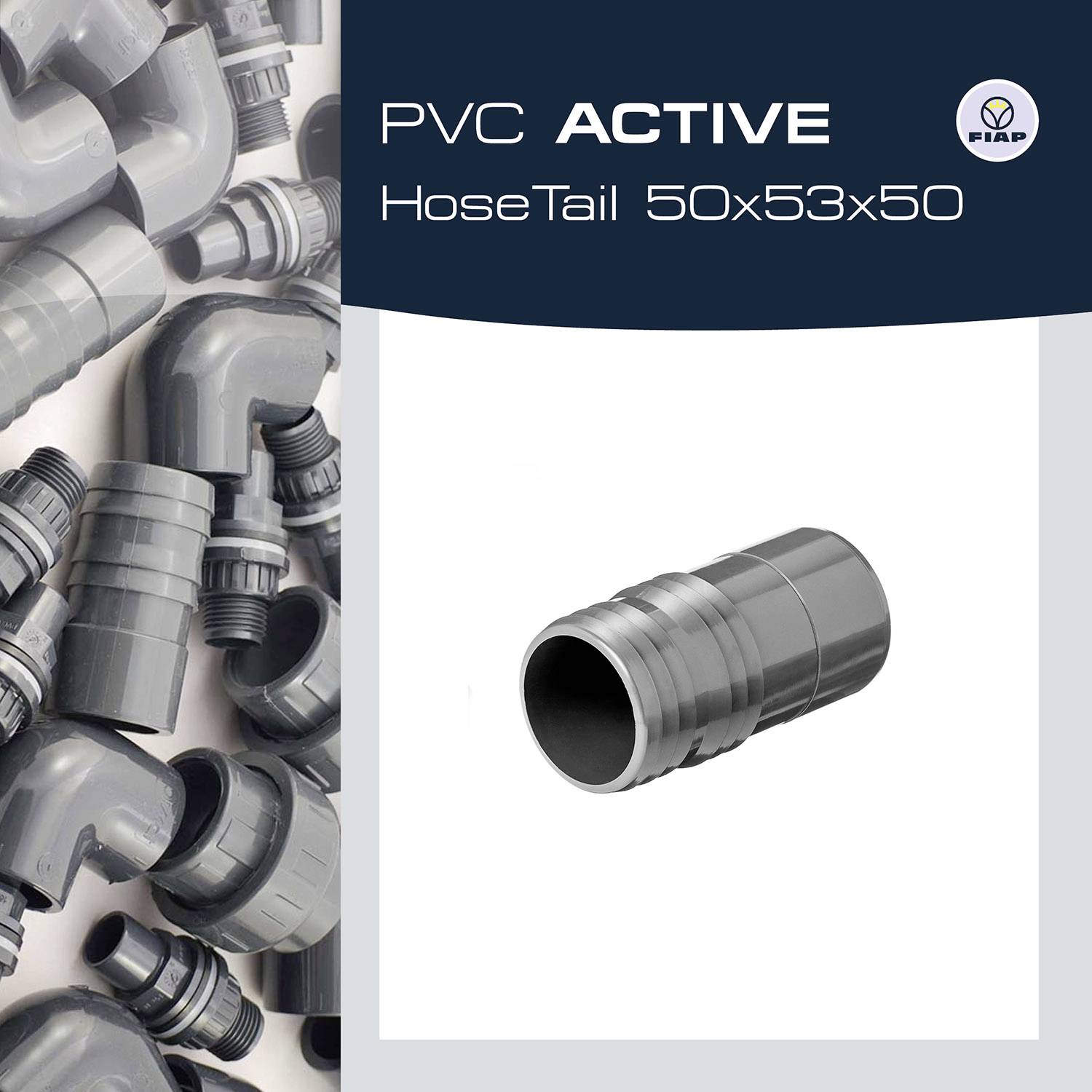 Graues PVC-Rohranschlussstück und Schlauchstücke. Text: 'PVC ACTIVE HoseTail 50x53x50'. FIEAB-Logo oben rechts.