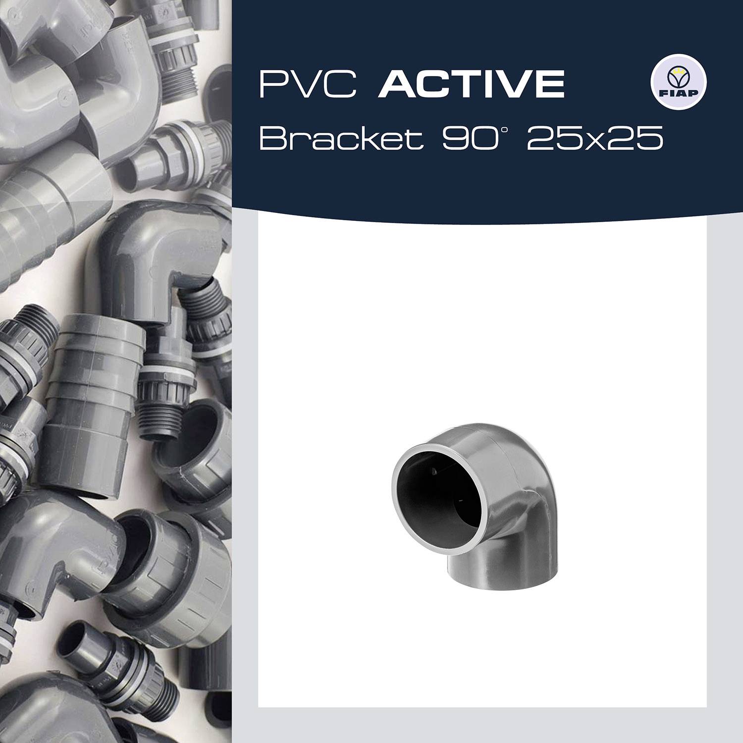 'PVC ACTIVE Bracket 90° 25x25' mit Bild eines grauen PVC-Winkelfittings, umgeben von ähnlichen Fittings, gezeigt auf einer Produktanzeige.